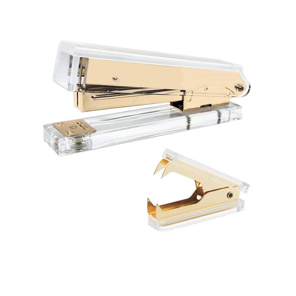 Office Stapler Staples Remover Set, Clear Acrylic Dark Gold Tone Desk Executive Manual Staplers and Staple Remover Tool for Desktop Accessories Supplies