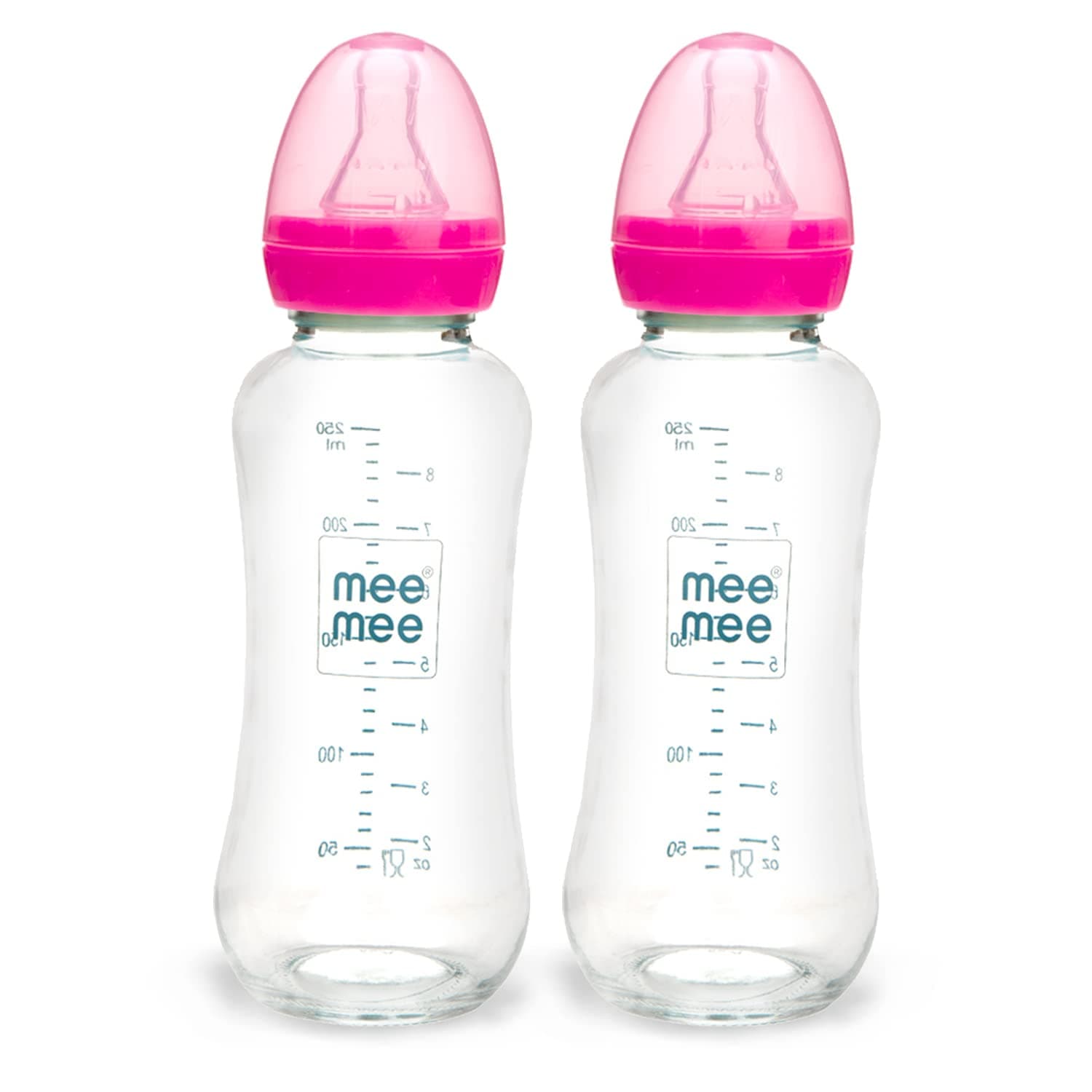 Mee Mee Premium Glass Feeding Bottle, Pink, 240ml (Pack of 2)