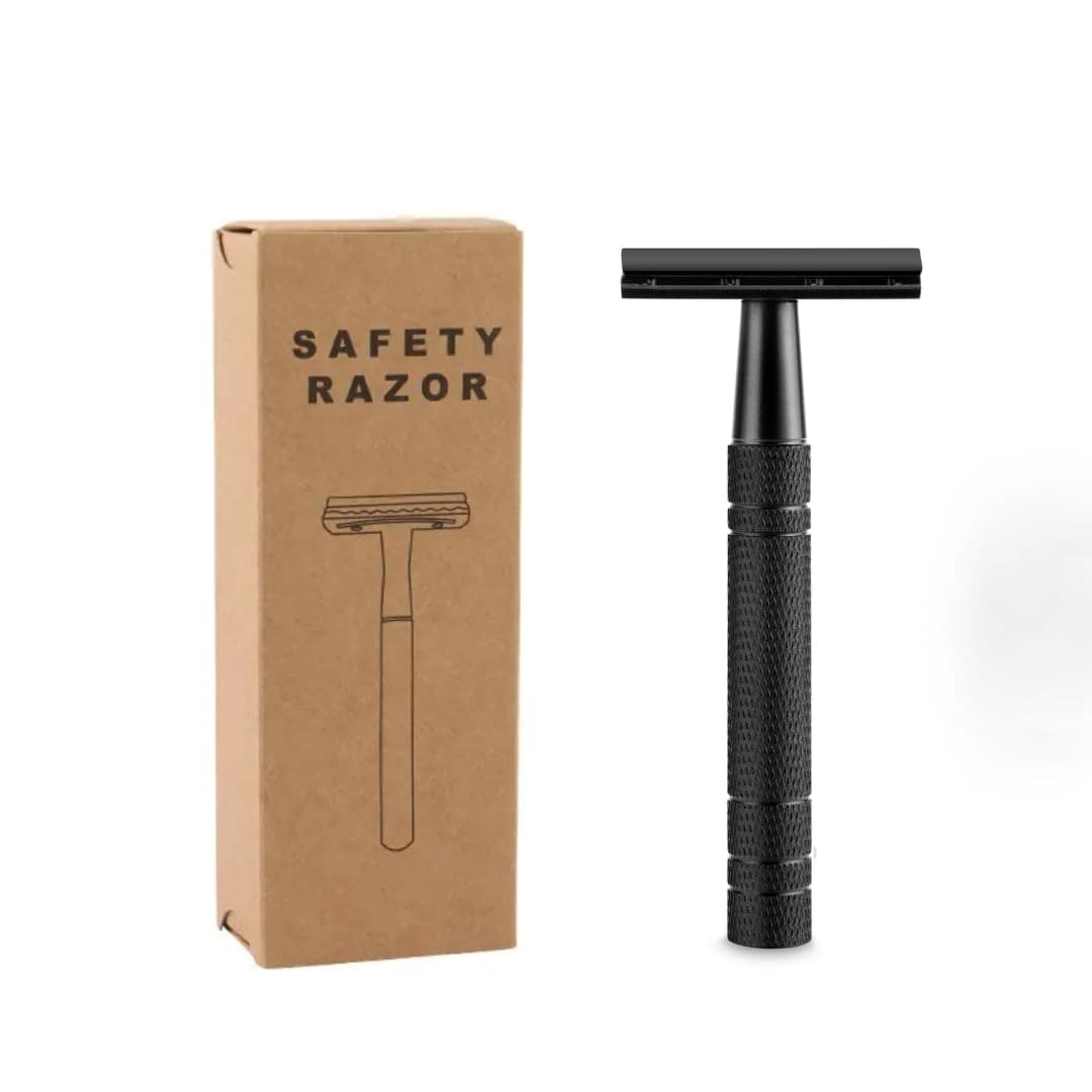 Premium Black Matte Double Edge Safety Razor Set for Men & Women - Black Metal Design with 5 Platinum Coated Blades - Eco-Friendly, Hygienic, Reusable, and Durable Razor