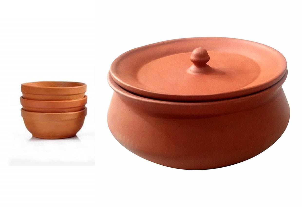 Clay Curd Pot Dahi Handi/Dal Handi/Mitti With Clay Vegetables Bawl (Curd 800Ml With 2 Bawl) - Brown