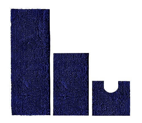 Madeals 21 x 54 Inches Long Bath Rug for Bathroom Runner Rug Non Slip Shag Chenille Bathroom Rug Set 2 Piece and U Shaped Toilet Rug Navy Blue