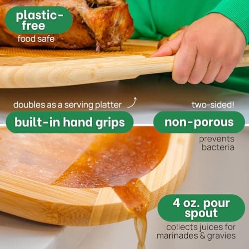 18 Inch Extra Large Organic Turkey Carving Board with Lifetime Replacements - XL Wooden Butcher Block Meat Cutting Board with Pour Spout