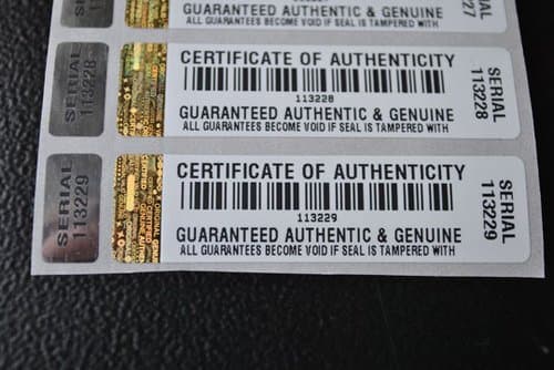 250 X COA Certificate of Authenticity Tamper Evident Two-Part Security Stickers/Labels with Hologram and Corresponding Small Label