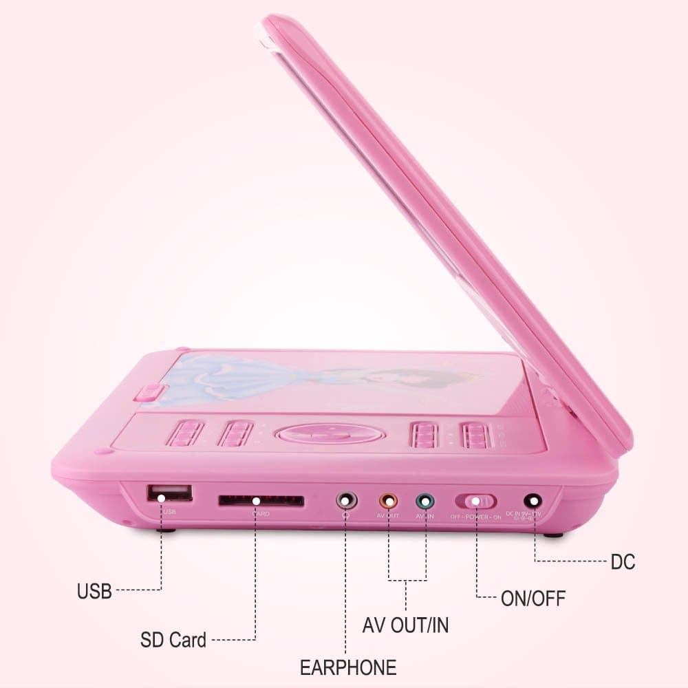 Upgraded DBPOWER 9" Portable DVD Player, 5-Hour Rechargeable Battery, SD Card Slot and USB Port - Pink