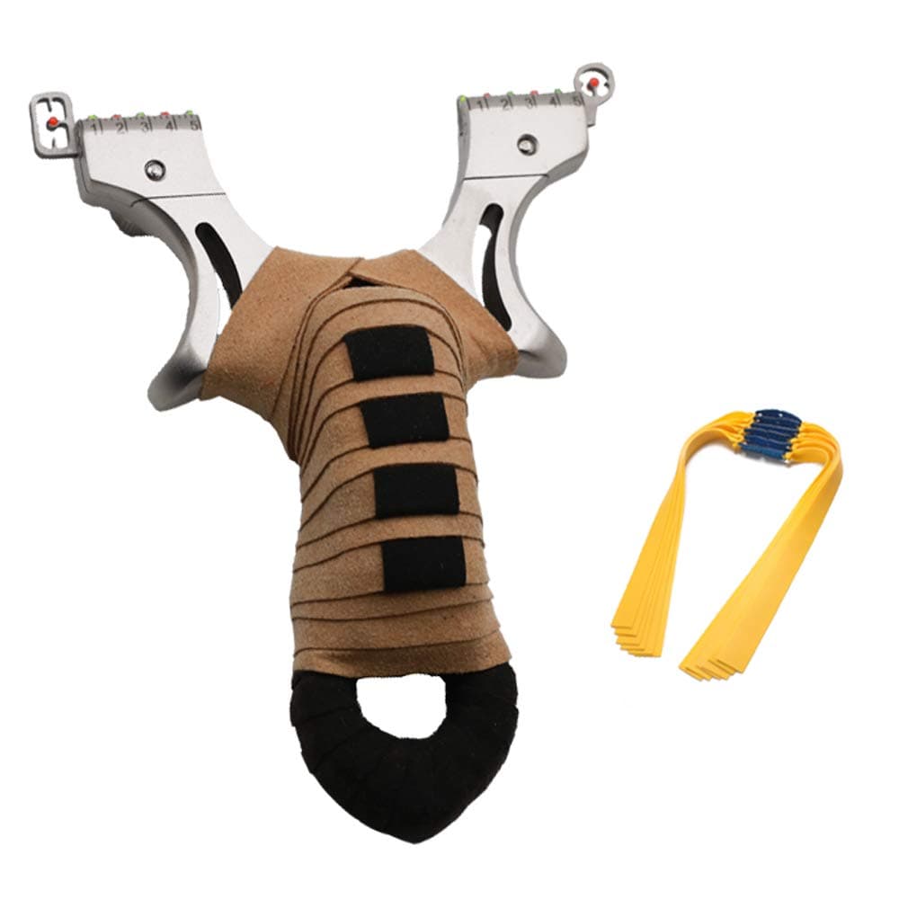 Huntcool Flat Rubber Band Slingshot Catapult with Adjustable Aiming Points 304 Stainless Steel Accurate Shooting for Small Animals Fishing Hunting Target Outdoor Games with 6 Pcs Rubber Bands