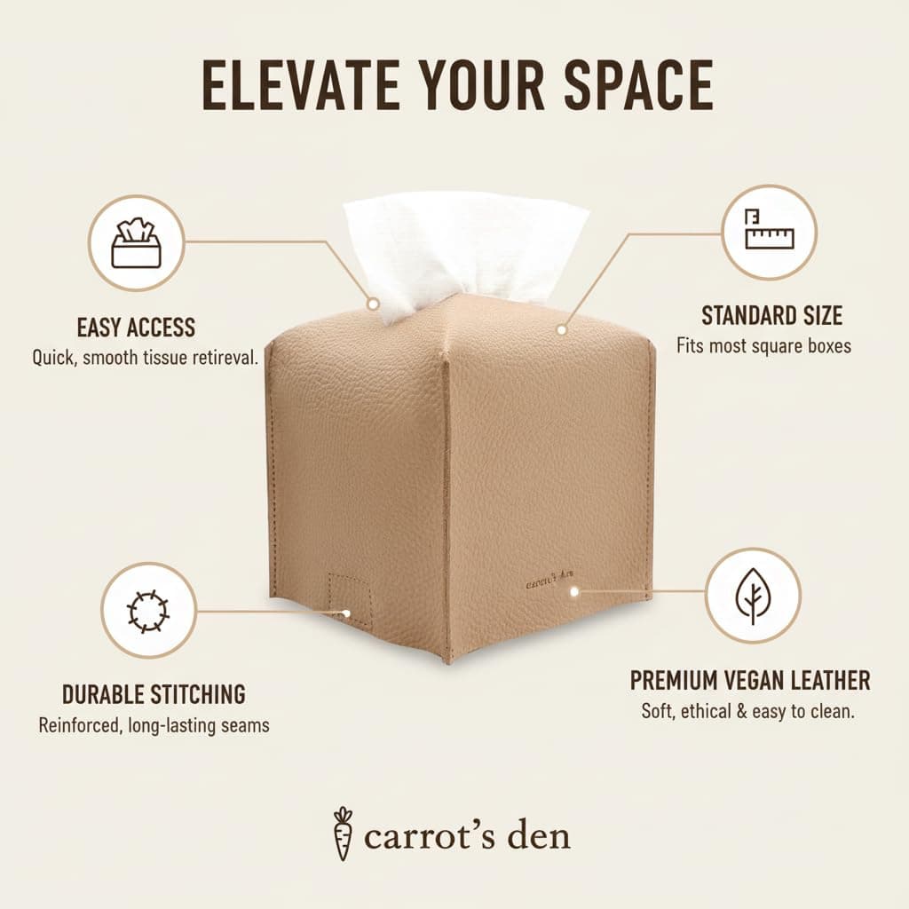 Tissue Box Cover Holder, Square with Bottom Belt by Carrot's Den - PU Leather Decorative Organizer for Tabletop, Bathroom, Car, Office | Beige