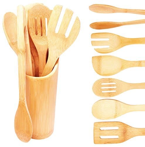 Bamboo Kitchen Utensils Set of 6 – Cooking & Serving Set made of Natural Bamboo with variety of wooden Spatulas, Spoons and Holder