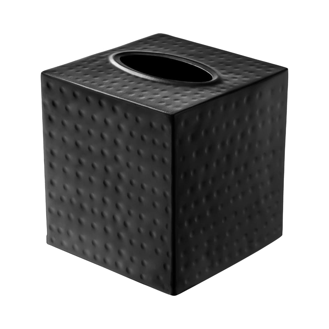 Tissue Box Cover Square – Hand Hammered Black Metal Tissue Holder Box for Bathroom Accessory, Aesthetic Decorative Facial Napkin Cube for Modern Home Decor