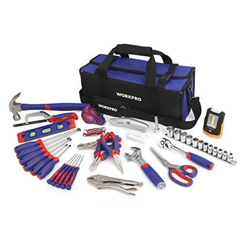 WORKPRO 54-Piece Home Repair Hand Tool Set, Including Hammer Pliers Magnetic Screwdrivers Wrenches Hex Keys Sockets Set 3AAA COB Work Light with Portable Bag for DIY and Home Maintenance