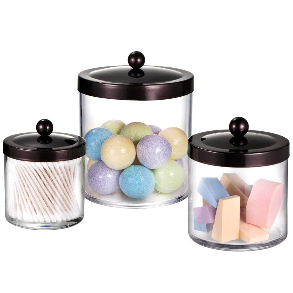 SheeChung 3-Pack Plastic Apothecary Jars with Bronze Metal Lids - Large 50oz, 25oz & 15oz Clear Acrylic Storage Set - Shatterproof Bathroom Vanity & Kitchen Organizer - Modern Farmhouse Rustic Decor