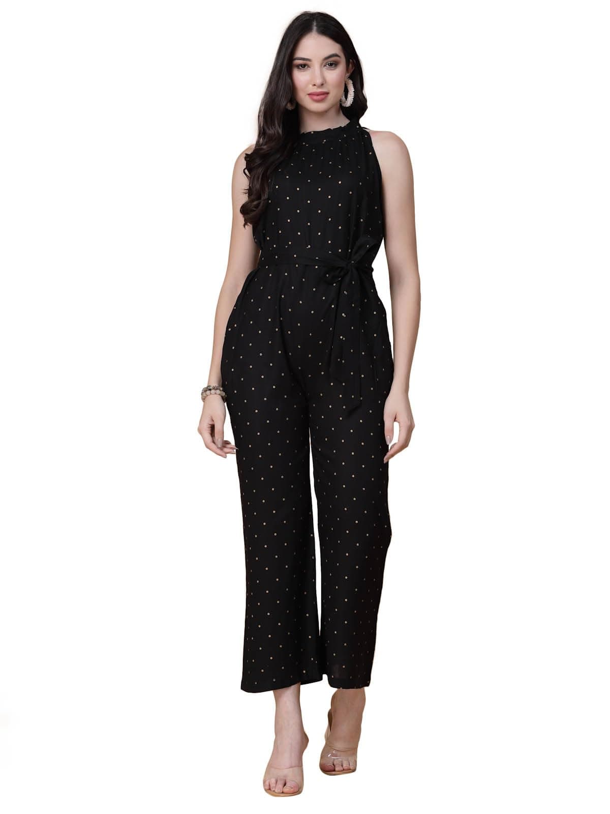 GOD BLESSGodBless Black Colored Polka Dot Printed Jumpsuits With Pocket