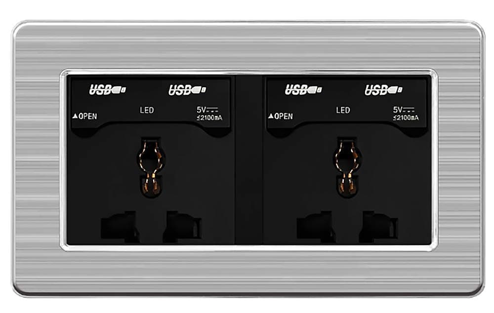 Black Double / Single Socket with USB Charger Port Switched Wall Plug Electric Socket Stainless Steel Panel (double 4 USB)