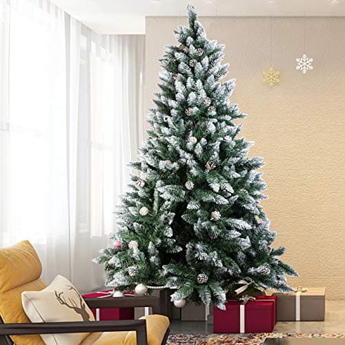 Cliselda 5ft Artificial Christmas Tree with Pine Cones, Snow Flocked Xmas Tree With Metal Solid Stand for Holiday Home Indoor Decoration, Green/White