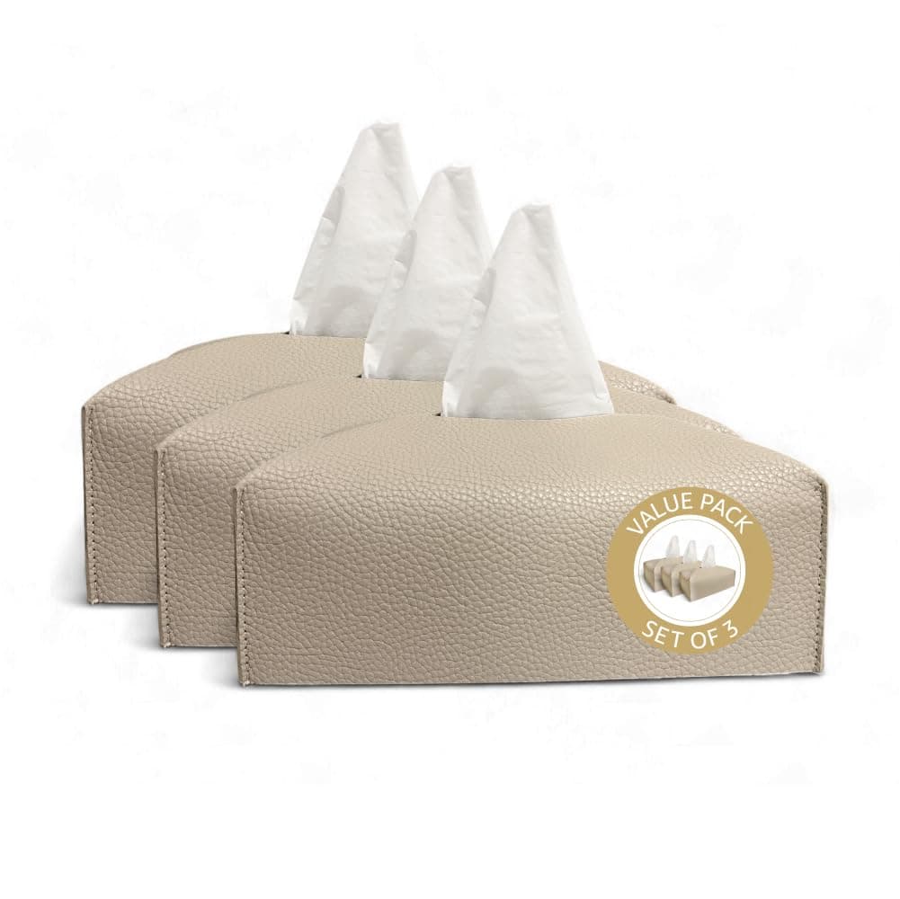 Leather Tissue Box Cover PACK OF 3 – Elegant Tissue Box Holder for Home Office Car Hotel Decor | Living Room Bedroom Bathroom | Facial Tissue Holder, Car Tissue Box Holder (Camel - Pack of 3)