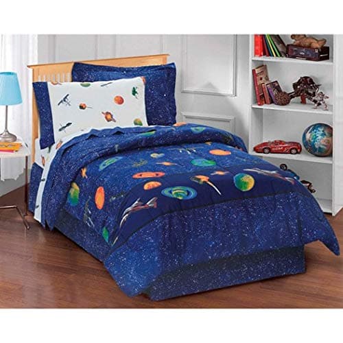 6 Piece Kids Blue Sun Moon Stars Comforter Set, Outer Space Galaxy Invaders Space-Themed Design with Stars, Detailed Planet and Rocket Design Print (Twin)
