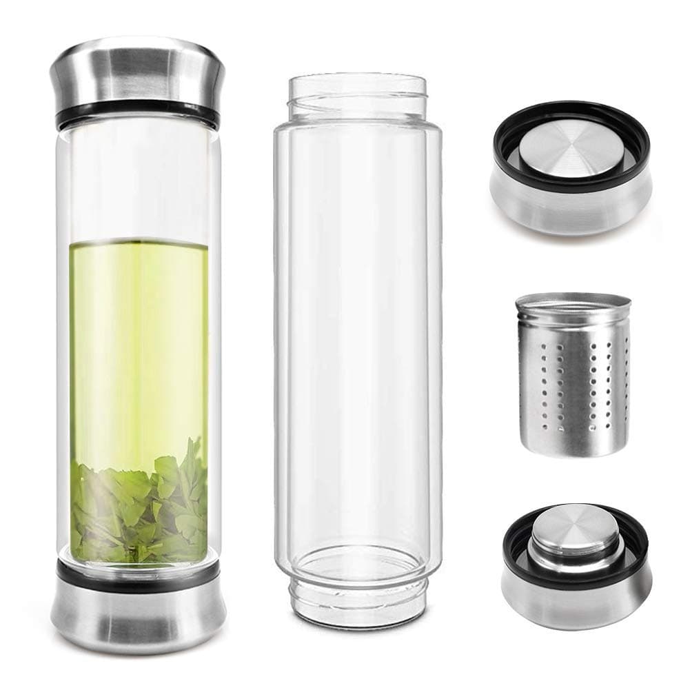COMI Glass Water Bottle, Double Wall Tea Bottle with Strainer 400ml/14oz