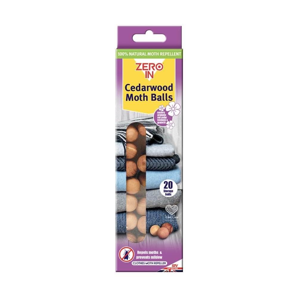 Zero In Cedarwood Moth Repellent Ball - 20-Pack. Made from 100% Natural Eastern Aromatic Red Cedar for Effective, Long-lasting, Chemical-free Control. Place in Wardrobes, Drawers and Cupboards
