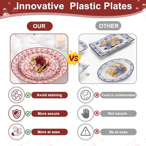 Hioasis 60pcs Red Plastic Plates Set - Floral Red & White Porcelain Design, 10.25" Dinner & 7.5" Dessert Plates Disposable for Christmas (Dishwasher Safe, Traditional Style)
