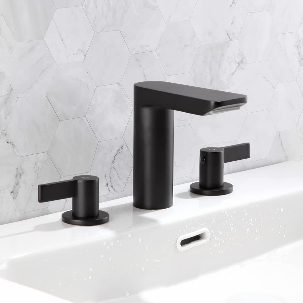 POP SANITARYWARE Matte Black 2-Handle Widespread Bathroom Sink Faucet for 3 Holes Solid Brass 8 Inches Waterfall Bathroom Vanity Faucet Basin Mixer Faucets