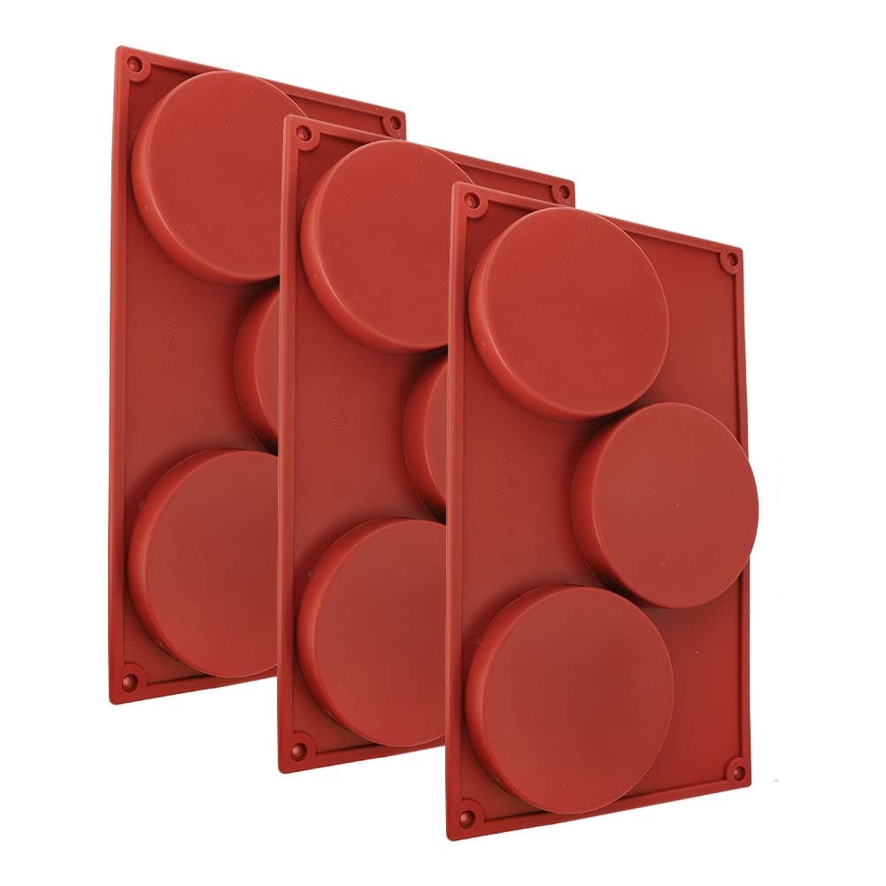 3pcs 3-Cavity Disc Shape Silicone Mold Round Cake Silicone Baking Mould Non-Stick Disc Muffin Pastry Bakeware for Baking Mousse Dessert Candy Tart Chocolate Jelly Soap Polymer Clay Epoxy Resin Red
