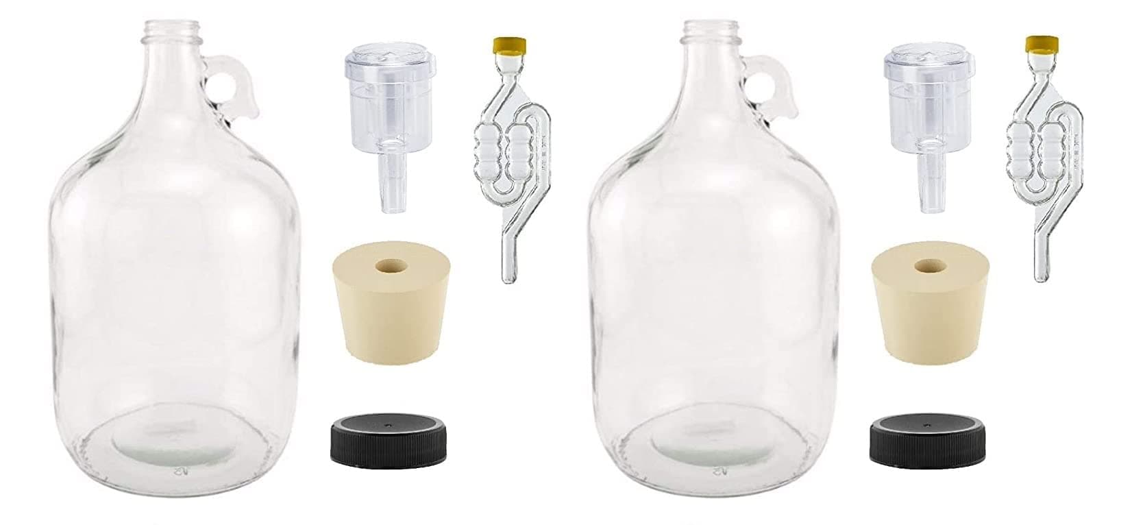 North Mountain Supply 1 Gallon Glass Fermentation Jug with Handle, 6.5 Rubber Stopper, 6 Bubble Airlock, 2-Piece Airlock, Black Plastic Lid, Set of 2