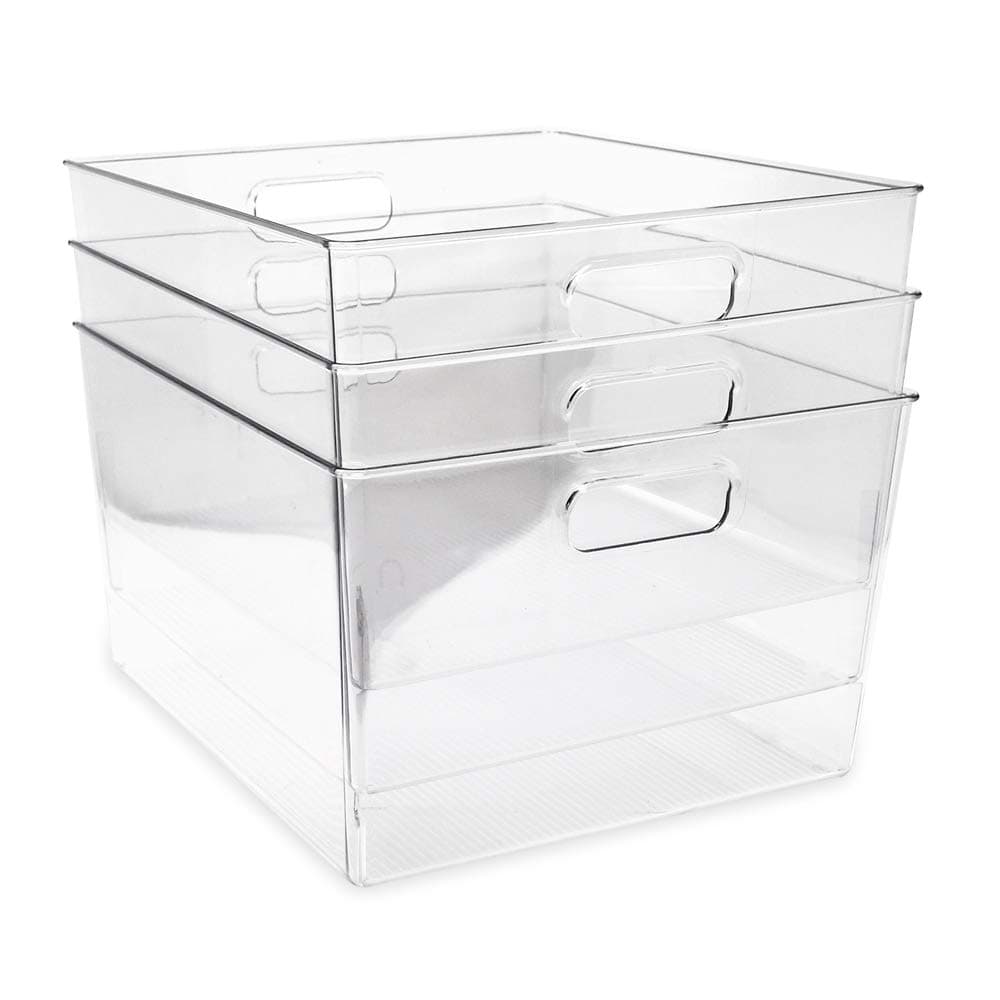 3-Pack XL Clear Storage Bins with Handles, Plastic Organizer for Office, Home, Kitchen, Pantry, Closet, Kids Room, Cube Shelf, Non-Slip Container Set (3-Pack, Extra-Large)