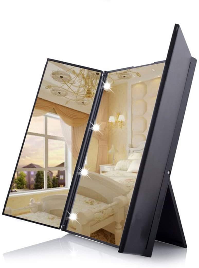 Dproptel Unique Tri-Fold Cosmetic Makeup Travel Compact Make Up, Black, 8LEDs Pocket Mirror