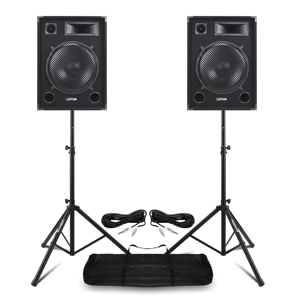 VONYX MAX15 2000W Passive PA Speaker Kit with Stands – Complete DJ Sound System with Dual 15" Passive Speakers, Tripod Stands & Cables for Events, Karaoke & Gigs Premium Passive DJ Speakers Set