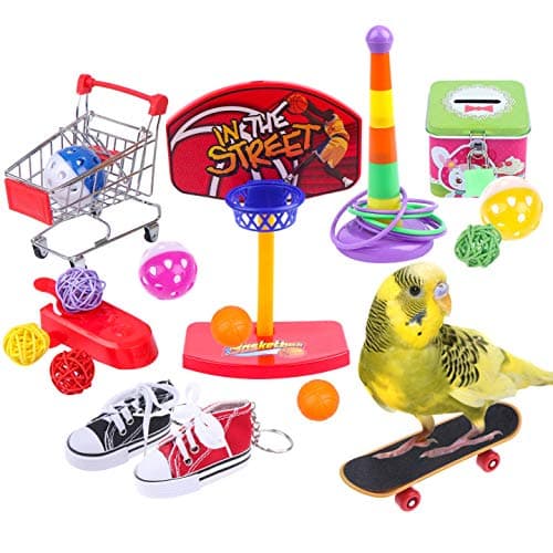 Bird Training Toy 8 Pieces Parrot Puzzle Toy Include Shopping Cart Basketball Stacking Ring Toy Skateboard Bird Toy Bell Balls Mini Sneaker Bird Toy Piggy Bank Bird Educational Training Toy