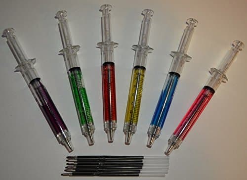 6 Double Value Novelty Syringe Pens Mixed Colours with Extra Refills. Ideal for Nurses Costumes Double Value Double Life