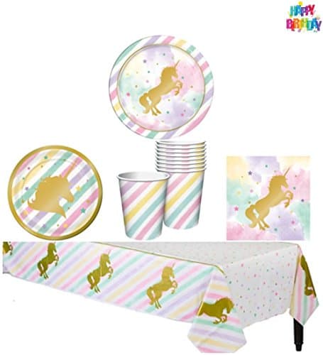HeyDays Unicorn Sparkle Party Supply Pack - Tableware for 8 Guests - Tablecover, Dinner Plates, Dessert Plates, Napkins, Cups, and a Happy Birthday Tattoo