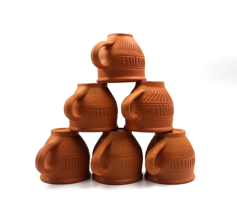 Terracotta Clay Tea Cups - Set of 6, Earthen Brown, Round and Oval Mix Design - 120 ml