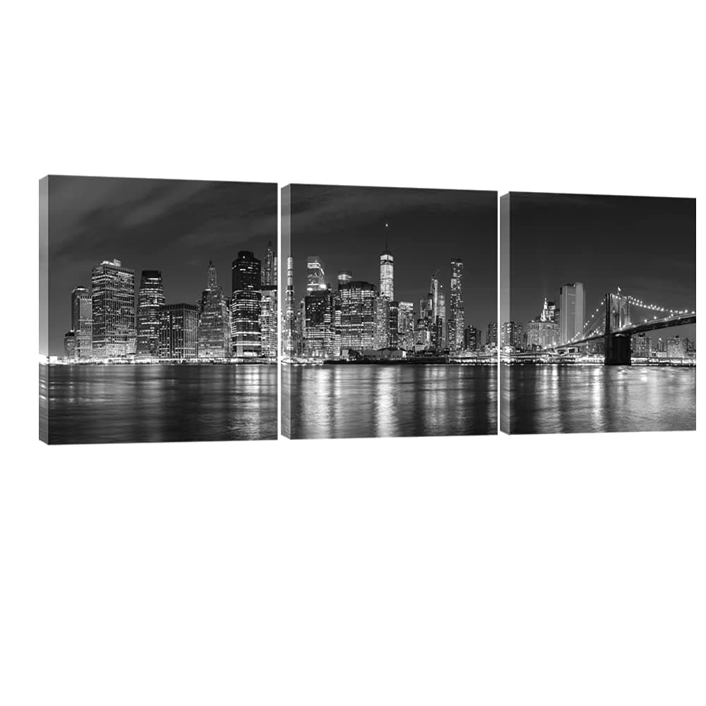 Pyradecor New York City Skyline Night Modern 3 panel Stretched Black and White Cityscape Canvas Prints Pictures Paintings on Wall Art for Living Room Bedroom Home Decorations