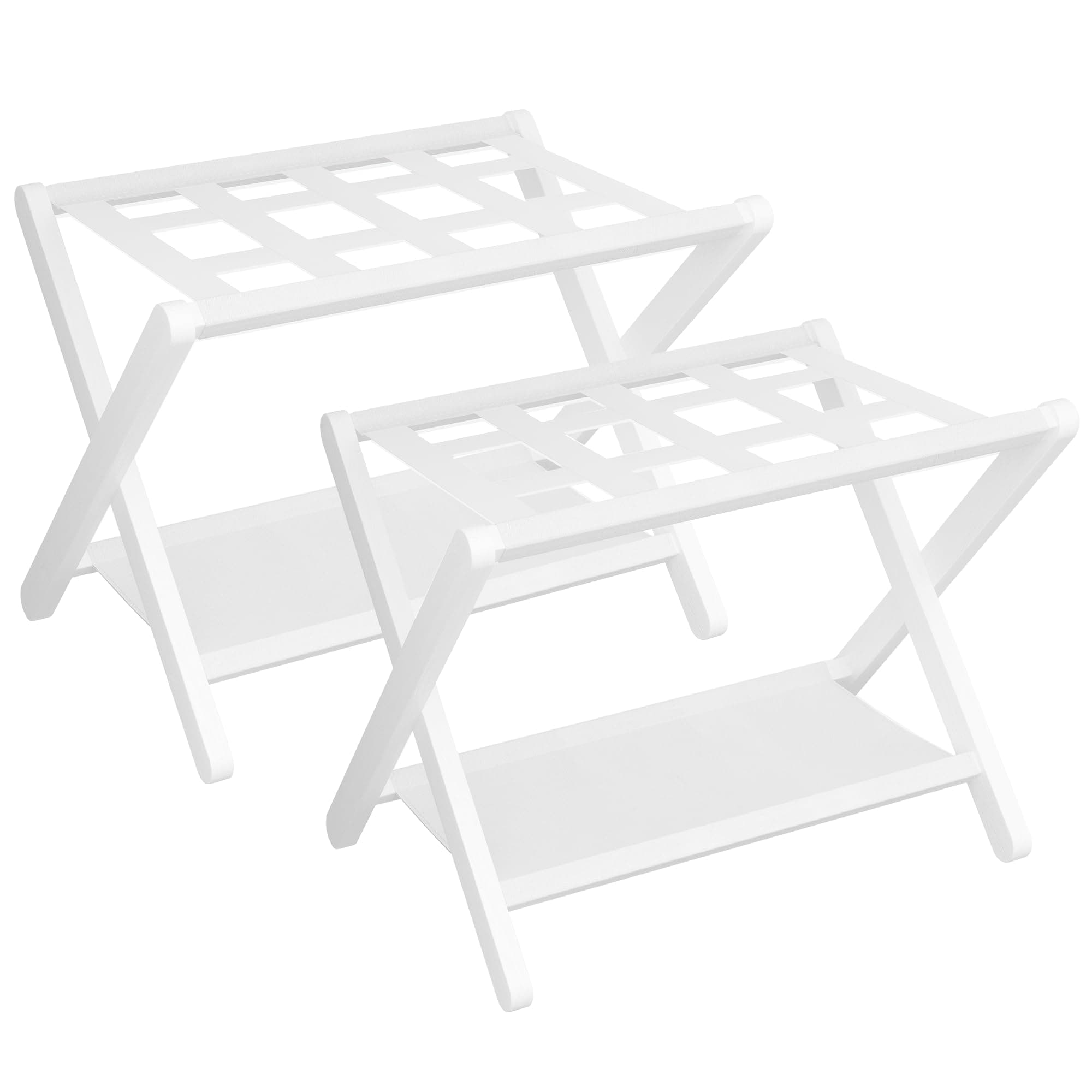 Heybly Luggage Rack, Pack of 2, Folding Suitcase Stand with Storage Shelf, Heavy-Duty Luggage Holder for Guest Room Bedroom Hotel, Holds up to 141 lb, White HLR010W2