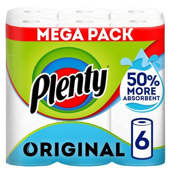 Plenty Kitchen Towel, 6 White Rolls, 600 Sheets of Kitchen Roll, 2-Ply Tissue