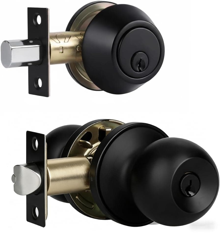 Front Door Lock Set Exterior Door Lock Set with Deadbolt, Single Cylinder Deadbolt Lock and Door Knob Set, Keyed Alike,Matte Black Door Knob and Deadbolt Set(1Pack Set)