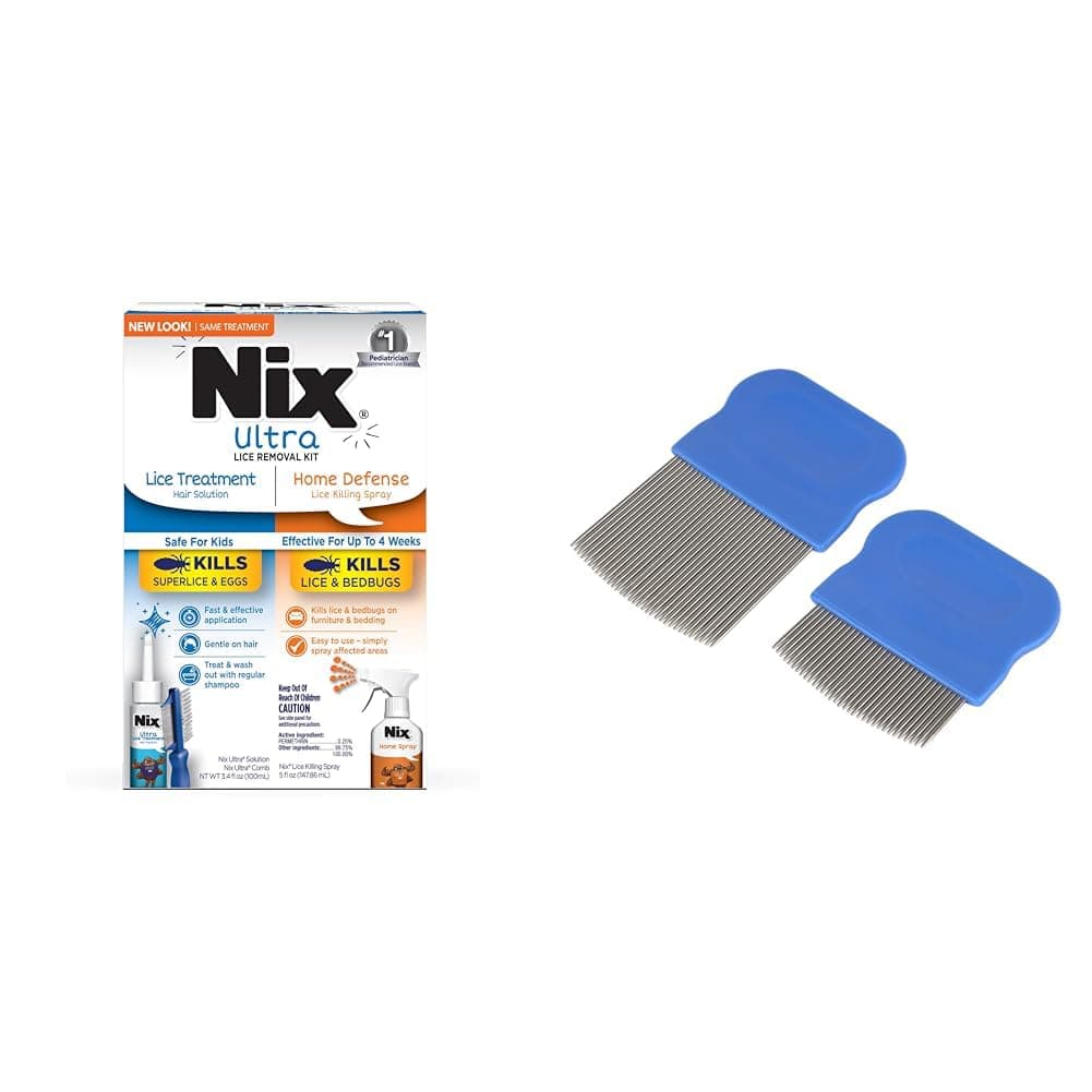 Nix Lice Removal Kit with Hair Solution, Comb, and Spray + Ezy Dose Lice and Eggs Comb for Baby Toddler Adult Pack of 2