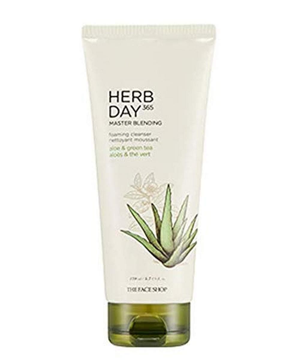 The Face Shop Herb Day 365 Master Blending Cleansing Foam Aloe & Green Tea Face Cleanser - Moisturizing, Hydrating, Soothing Face Wash - Korean Skin Care Facial Cleanser - Suitable for All Skin Types