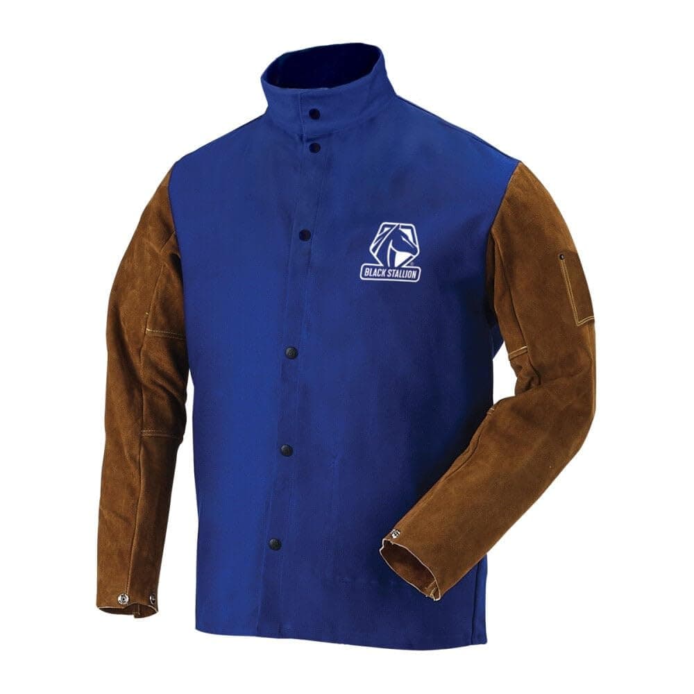 Black Stallion (FRB9-30C/BS) 30" Length, 9 oz Flame-Resistant Cotton & Cowhide Hybrid Welding Jacket, Standup Welder's Collar, Dual Scribe Pockets, 2X-Large, Royal Blue and Brown