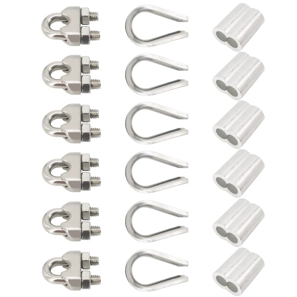 Alamic Wire Rope Accessory Set 304 Stainless Steel M6 Wire Rope Cable Clamps Stainless Steel Thimble and Aluminum Crimping Loop for 1/4 Inch Wire Rope Cable