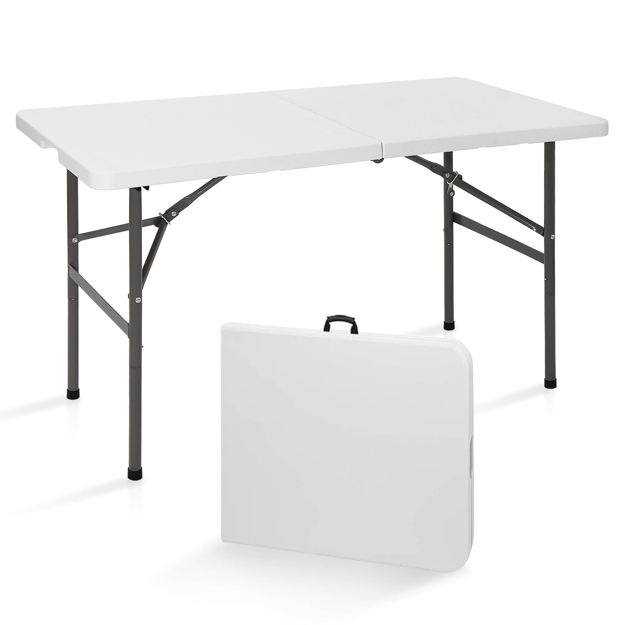 SUPER DEAL Portable 4 Foot Plastic Folding Table, Small Indoor Outdoor Heavy Duty Fold-in-Half Picnic Party Camping Barbecues Table with Carrying Handle, White