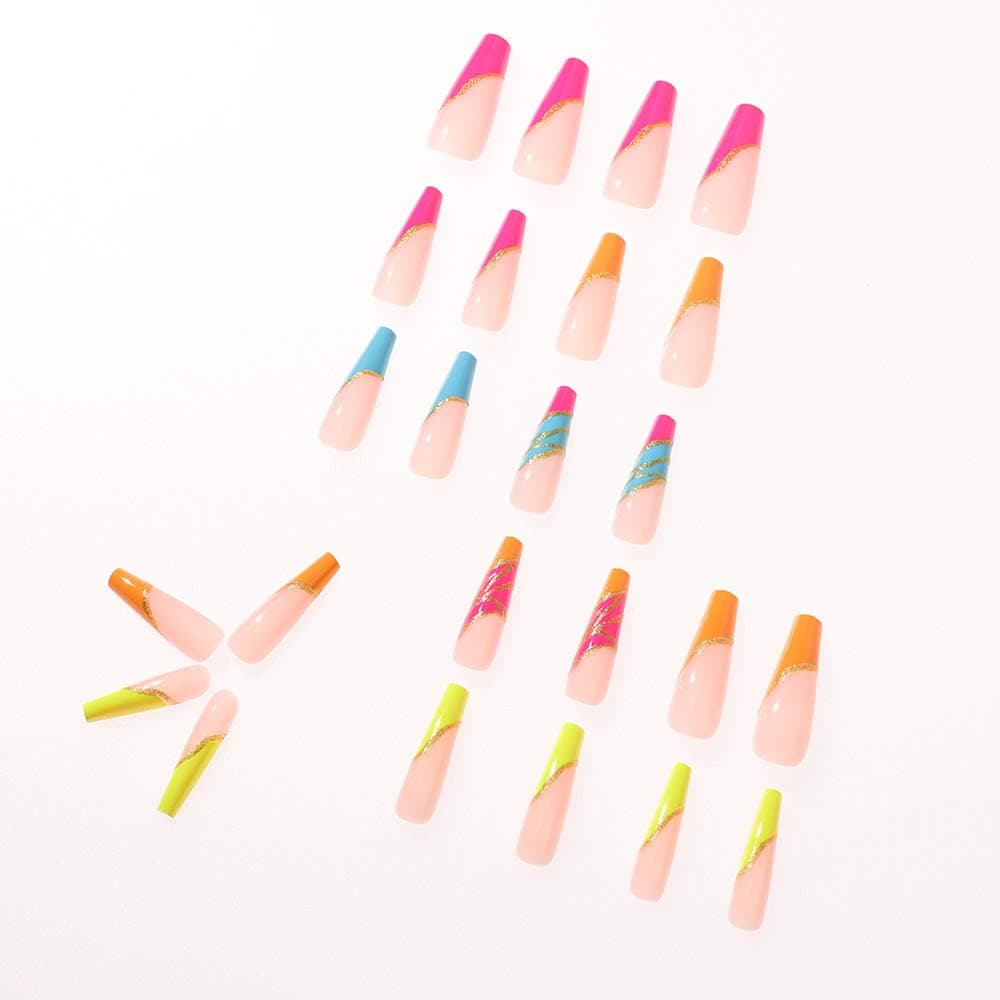 Long Fake Nails Tips - Coffin Luxury Press on Nails Pink Acrylic Ballerina Reusable False Nails for Women and Girls 24Pcs