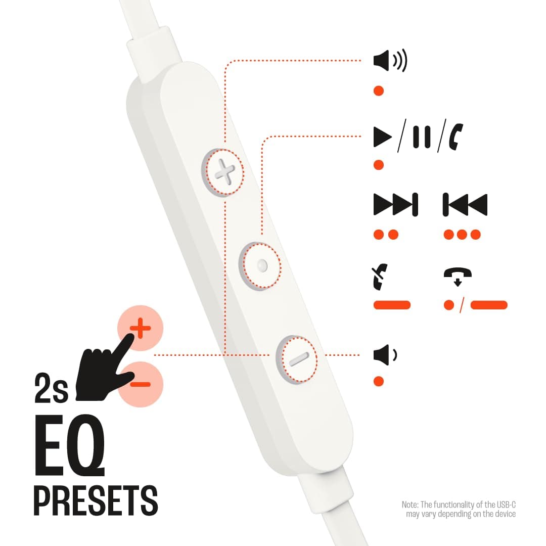 JBL Tune 305 C Hi-Res Wired Earbuds with Microphone, Flat Tangle-Free Cable, 3-Button Remote, EQ Presets Control and Volume Adjustment, White