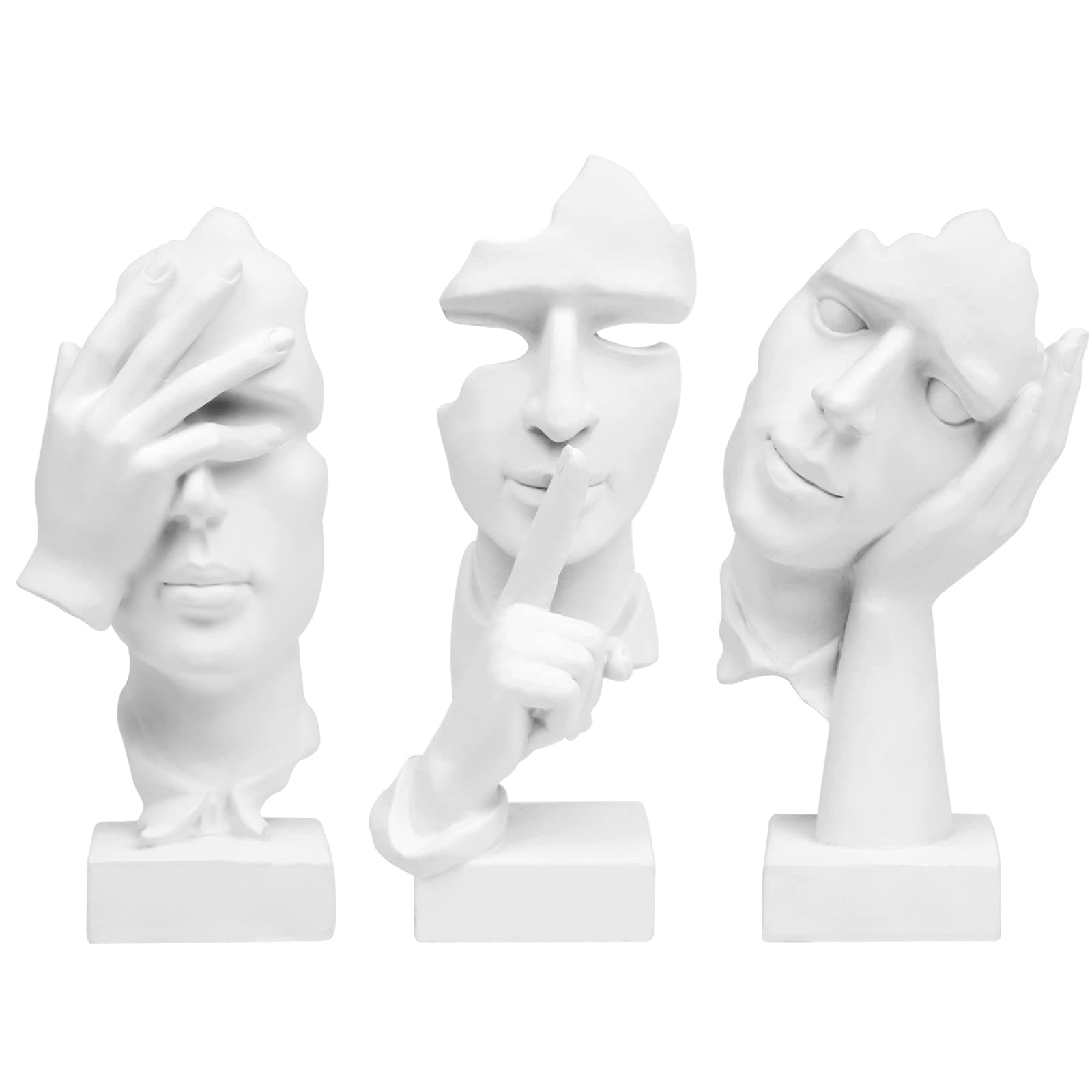 3 Pcs Thinker Statue, Silence is Gold Abstract Art Figurine, No Hear No See No Speak Modern Home Resin Sculptures Decorative Objects Decor for Home Office Bookshelf Desktop(White), A-41