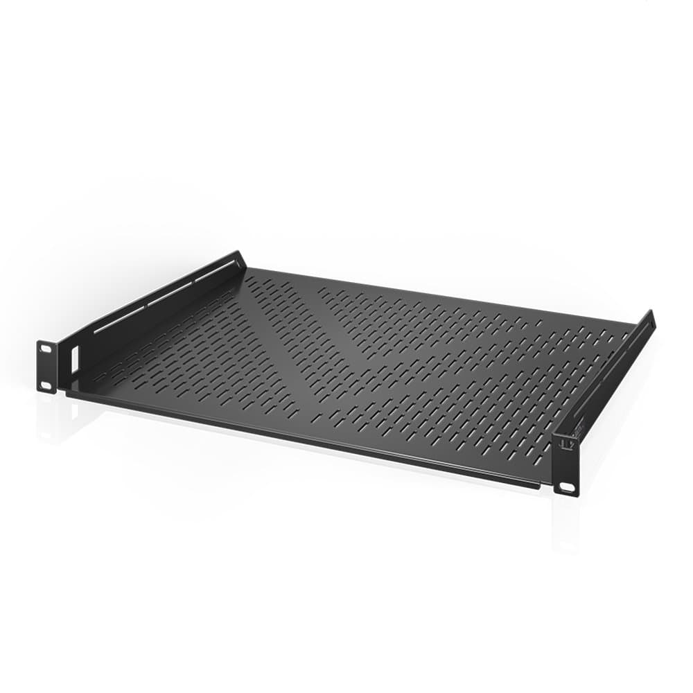 Vented Cantilever 1U Universal Rack Shelf, 14" Deep, for 19" Equipment Racks. Heavy-Duty 2.4mm Cold Rolled Steel, 60lbs Capacity