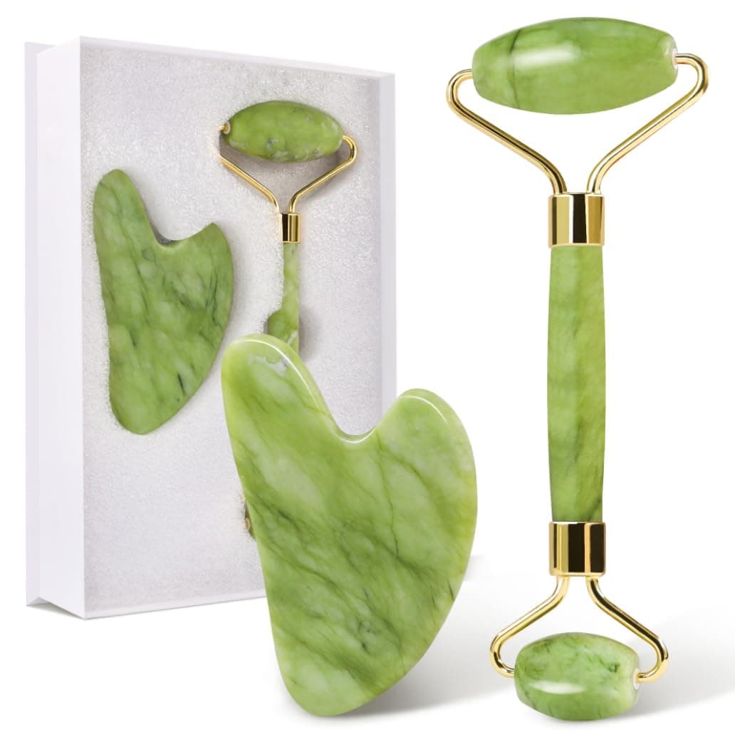 Gua Sha and Face Jade Roller Set for Facial Massage - Reduces Eye Puffiness and Skincare Routine Green
