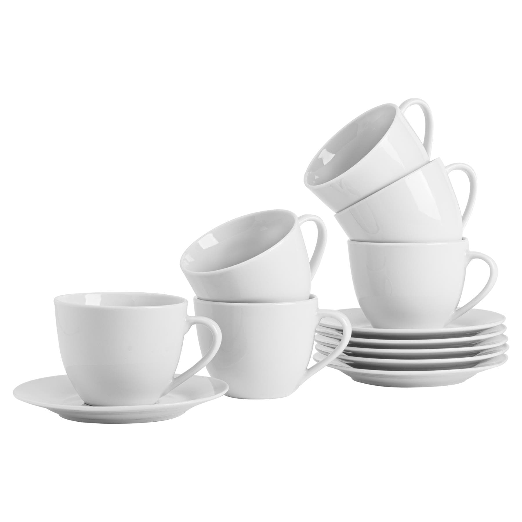 Argon Tableware Porcelain Cappuccino Cup and Saucer Set - 12 Piece White Coffee Set with 6 Cups 320ml and 6 Saucers - Durable Chip-Resistant Premium Café Mugs for Latte, Flat White, Hot Chocolate