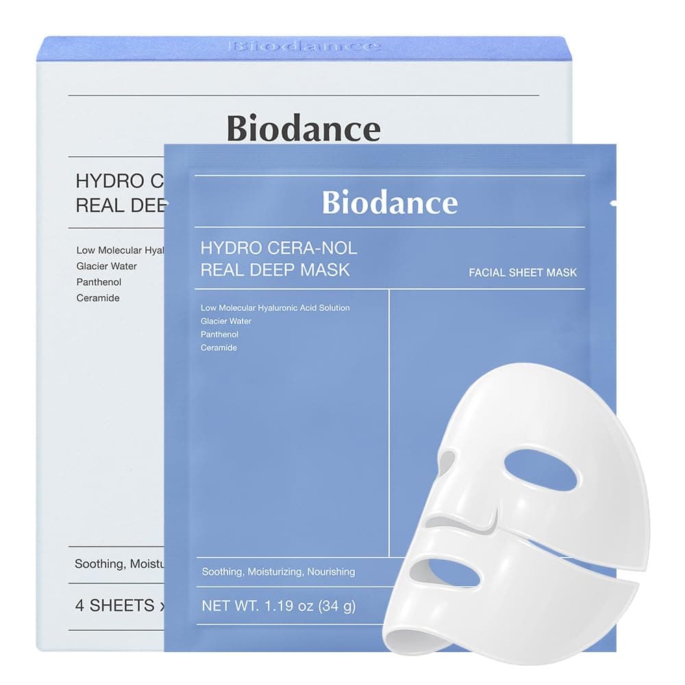 BIODANCE Hydro Cera-nol Real Deep Mask, Hydrating Overnight Hydrogel Face Mask, Moisturizing, Redness Reducing, Quick Soothing, After Sun Care, Sunburn Relief, Korean Skin Care |1.19oz(34g) x4ea