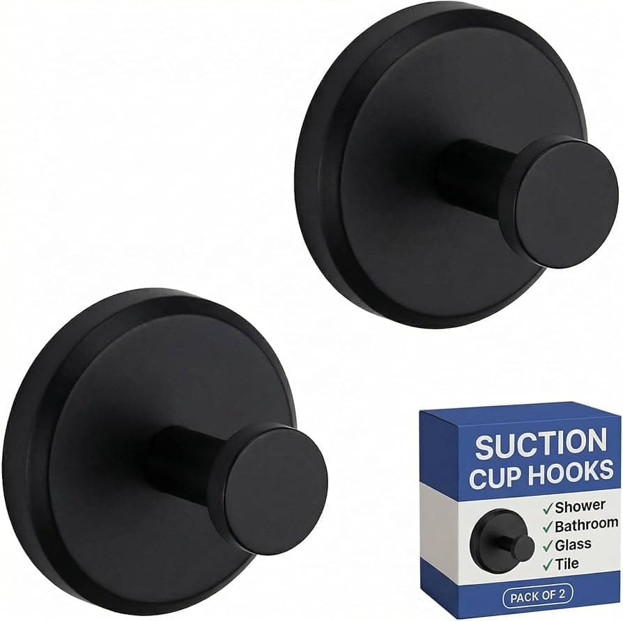 HOME SO Suction Cup Hooks for Shower, Bathroom, Kitchen, Glass Door, Mirror, Tile – Loofah, Towel, Coat, Bath Robe Hook Holder for Hanging up to 15 lbs – Waterproof, Dark, Matte Black (2-Pack)