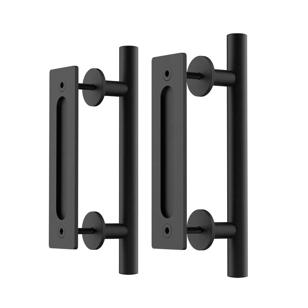 WINSOON 2 Pack 300mm/12 inch Sliding Barn Door Handle Hardware Black with Flush Finger Pull, Large Rustic, Pull and Flush Heavy Duty Handle Pair Set